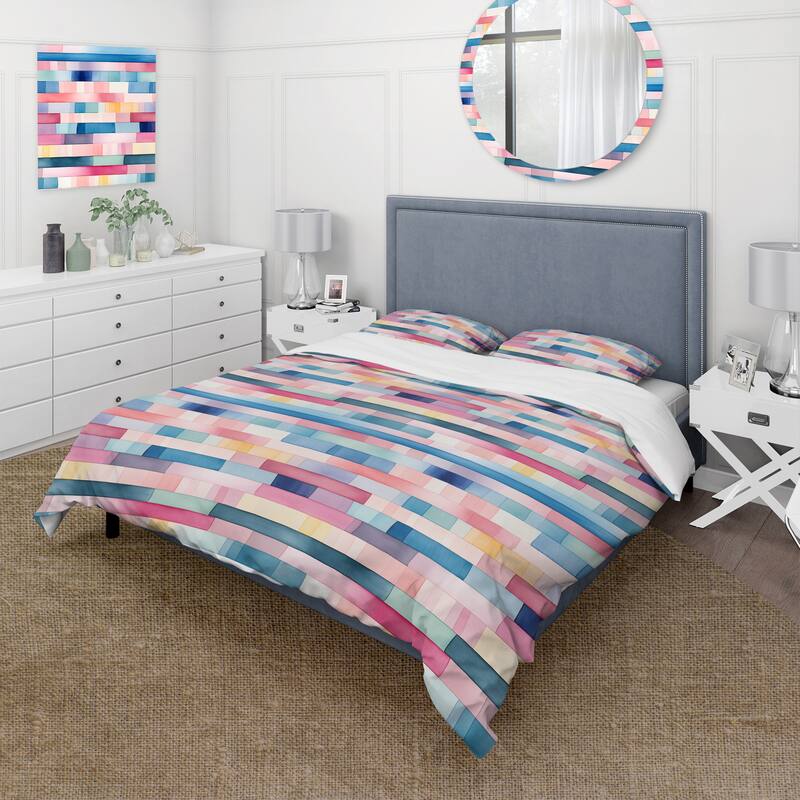 Designart "Watercolor Dreams Pink Striped Pattern I" Blue Modern